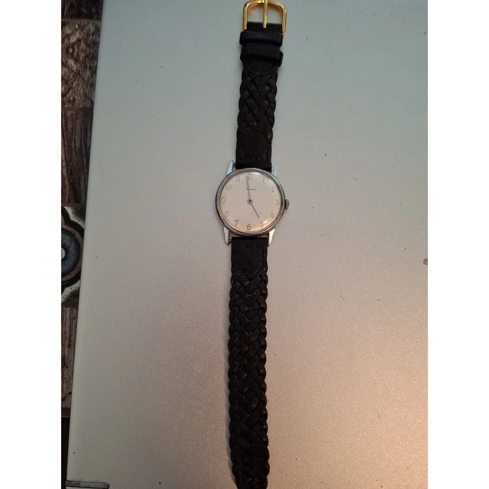 Timex Mens Manual Wind Up Watch. Chrome Plated, New Black Braided Leather Band.
